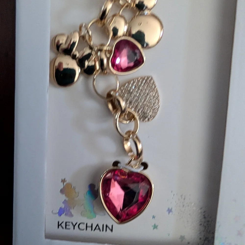 Disney Minnie Mouse Gold and Pink Heart Charm Keychain
